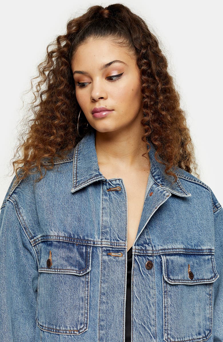 Topshop Oversize Long Denim Jacket, Alternate, color, 