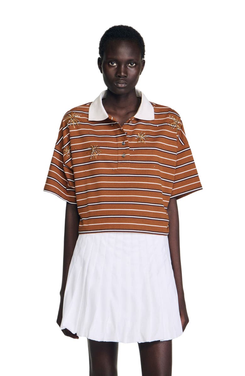 SANDRO Striped rhinestone polo, Main, color, Brown