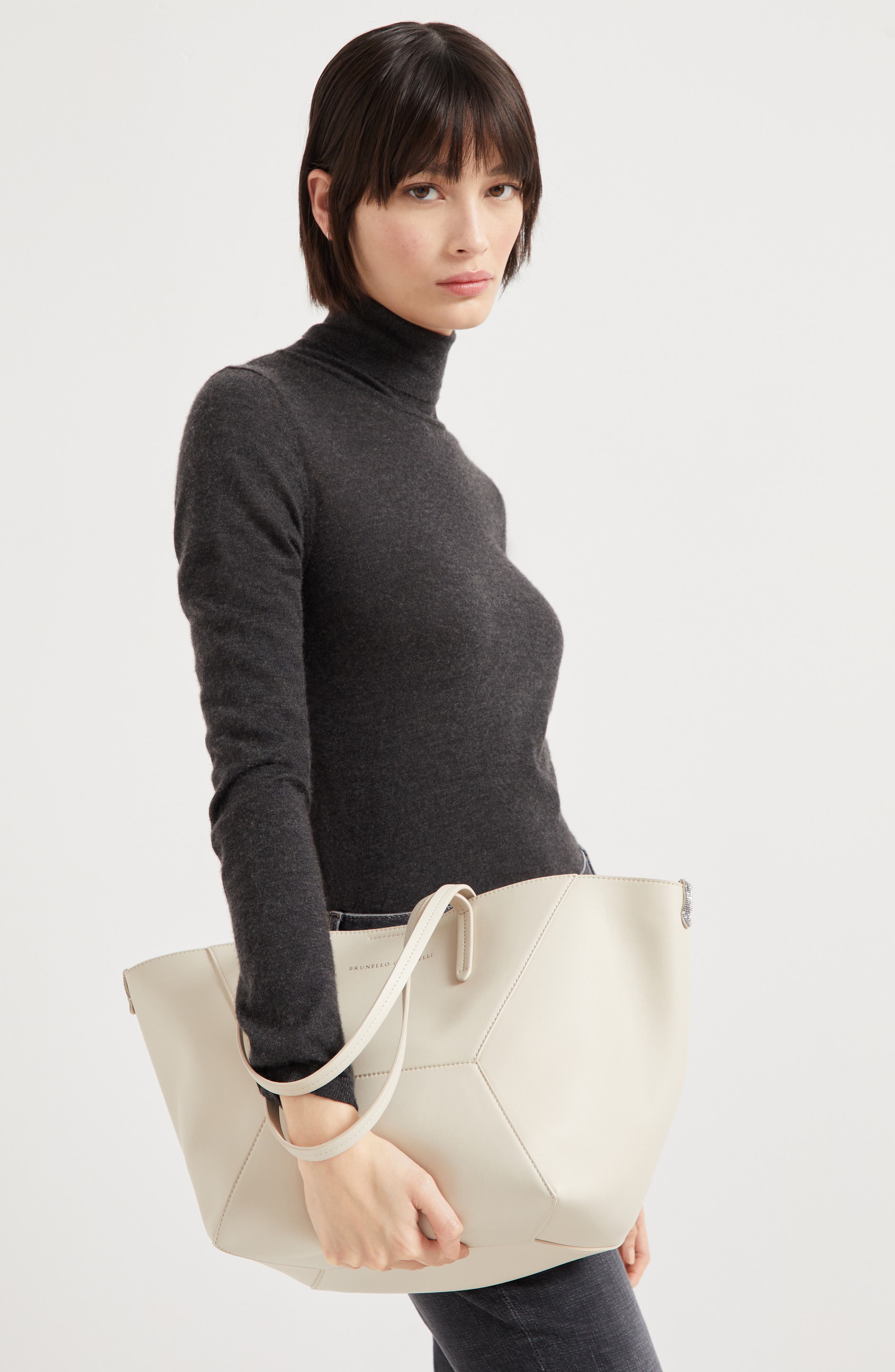 Brunello Cucinelli Calfskin small BC Duo bag, Alternate, color, Ivory