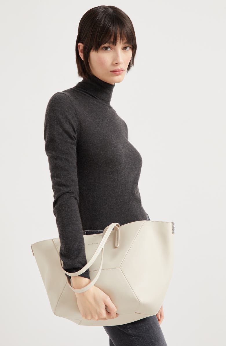 Brunello Cucinelli Calfskin small BC Duo bag, Alternate, color, Ivory