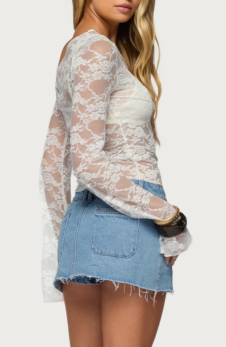 EDIKTED Stitched Sheer Lace Off the Shoulder Crop Top, Alternate, color, White