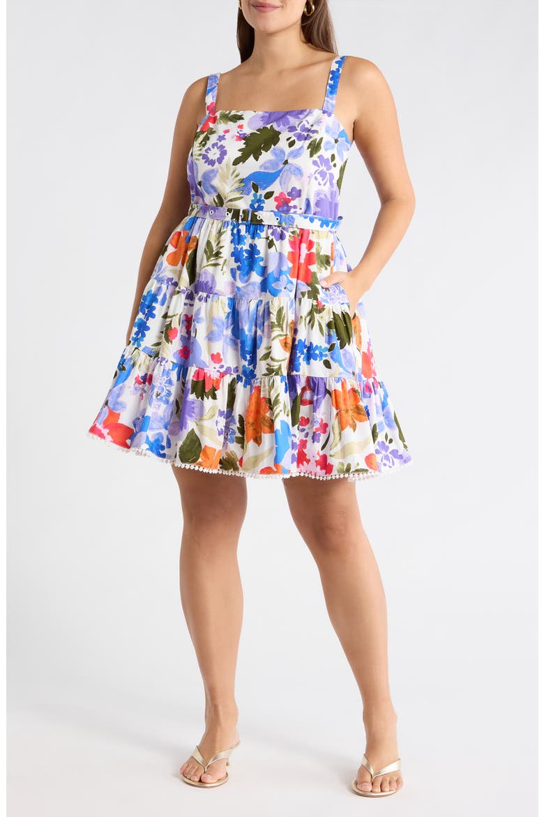 Amania Floral Nayra Tiered Poplin Minidress, Main, color, BLUE-PURPLE