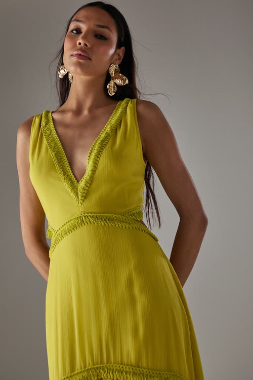 Warehouse Chiffon Fringe Trim Cut Out Maxi Dress In Green