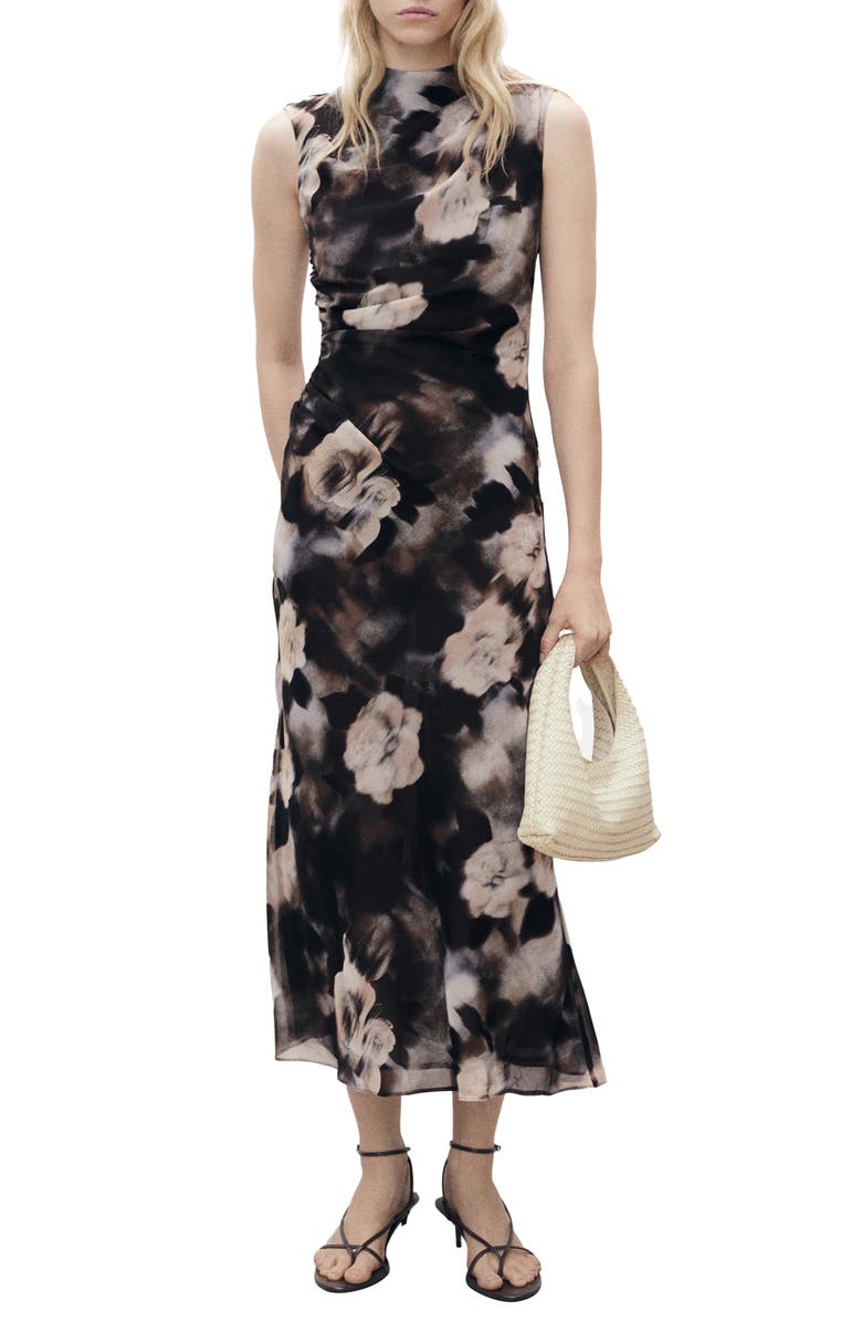 MANGO Floral Print Ruched Sleeveless Maxi Dress, Main, color, Brown