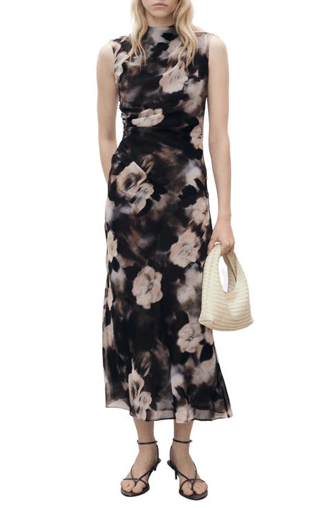 Floral Print Ruched Sleeveless Maxi Dress