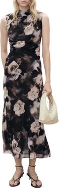 MANGO Floral Print Ruched Sleeveless Maxi Dress