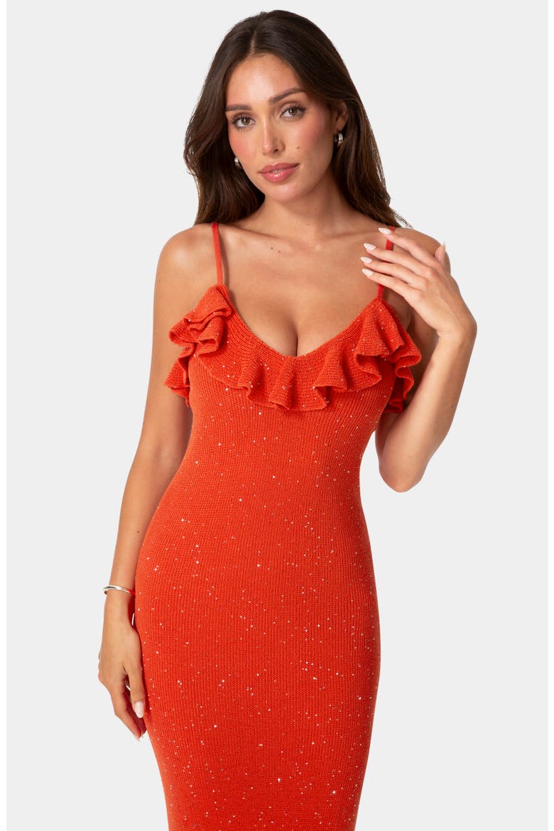 Sequin Knit Ruffle Trim Maxi Dress, Alternate, color, RED