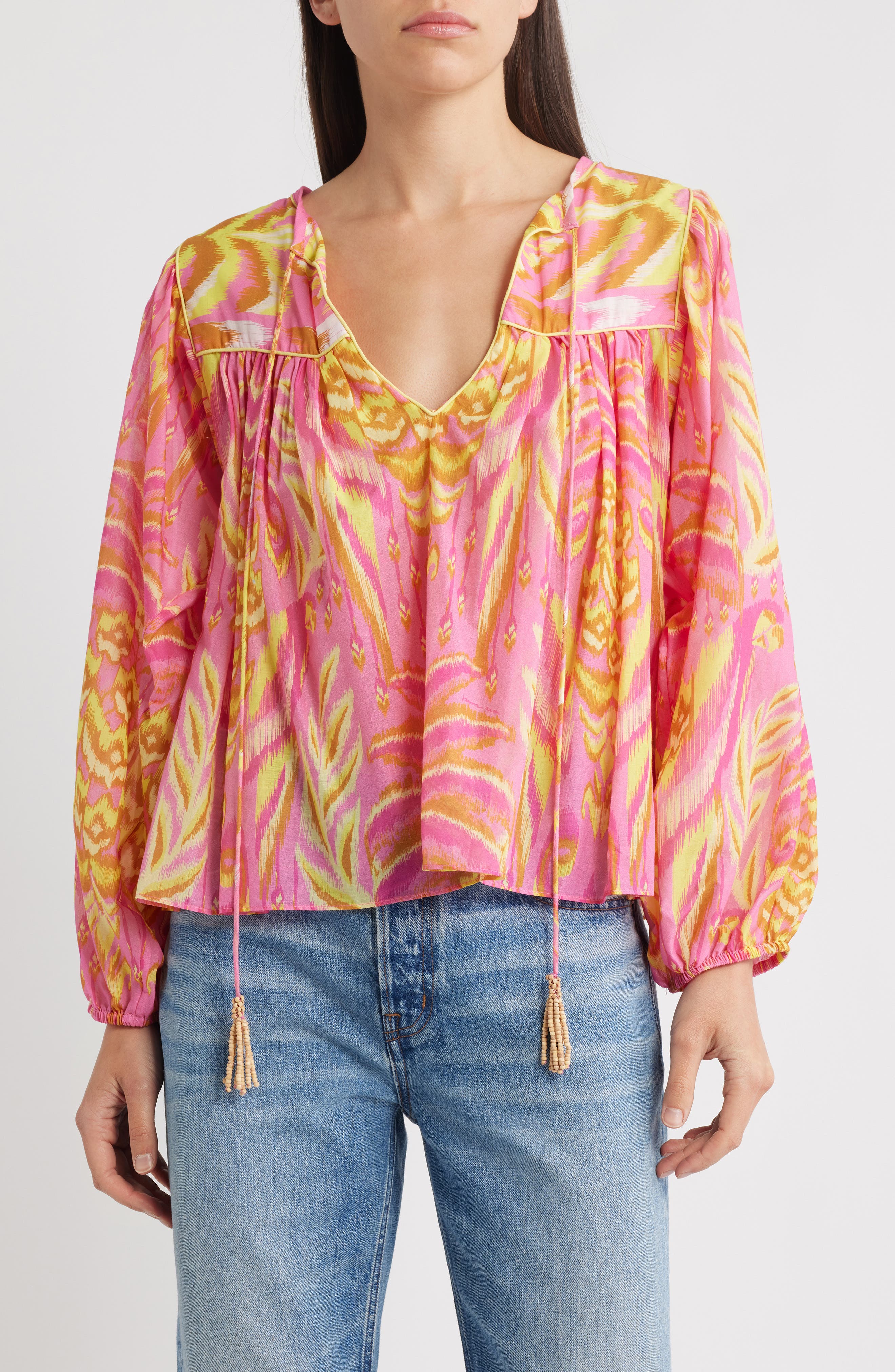 FARM Rio Pineapple Tapestry Tie Neck Top
