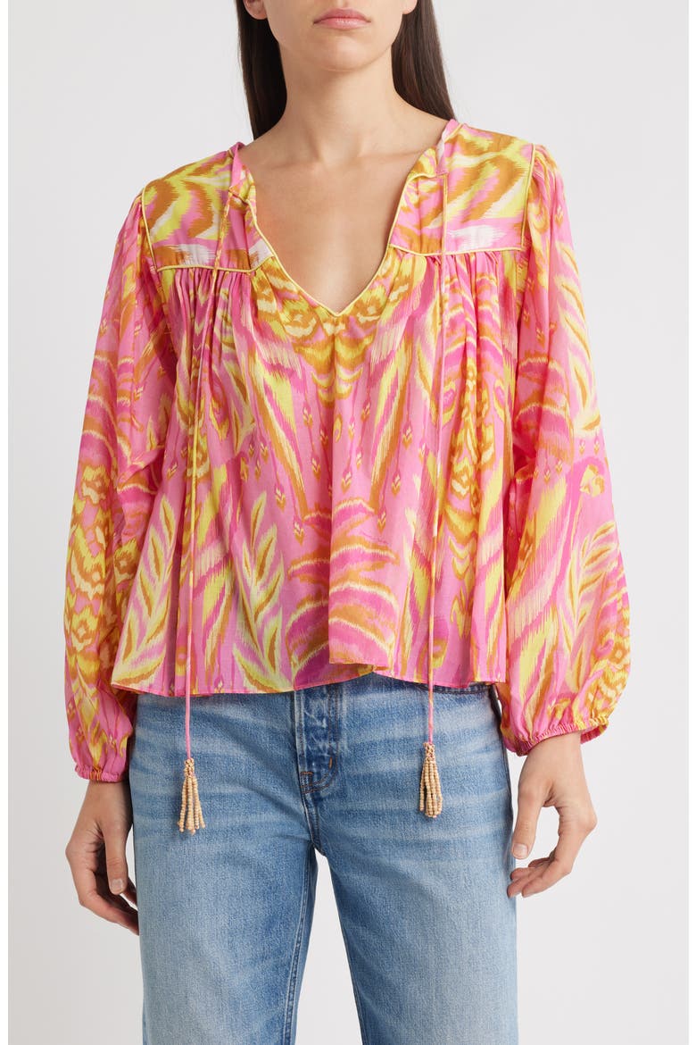 Pineapple Tapestry Tie Neck Top, Main, color, PINK