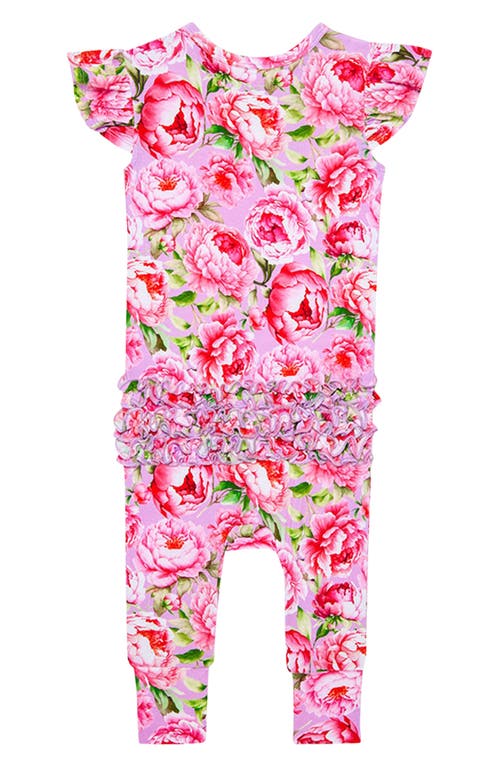 Posh Peanut Francoise Peony Print Ruffle Romper In Pink