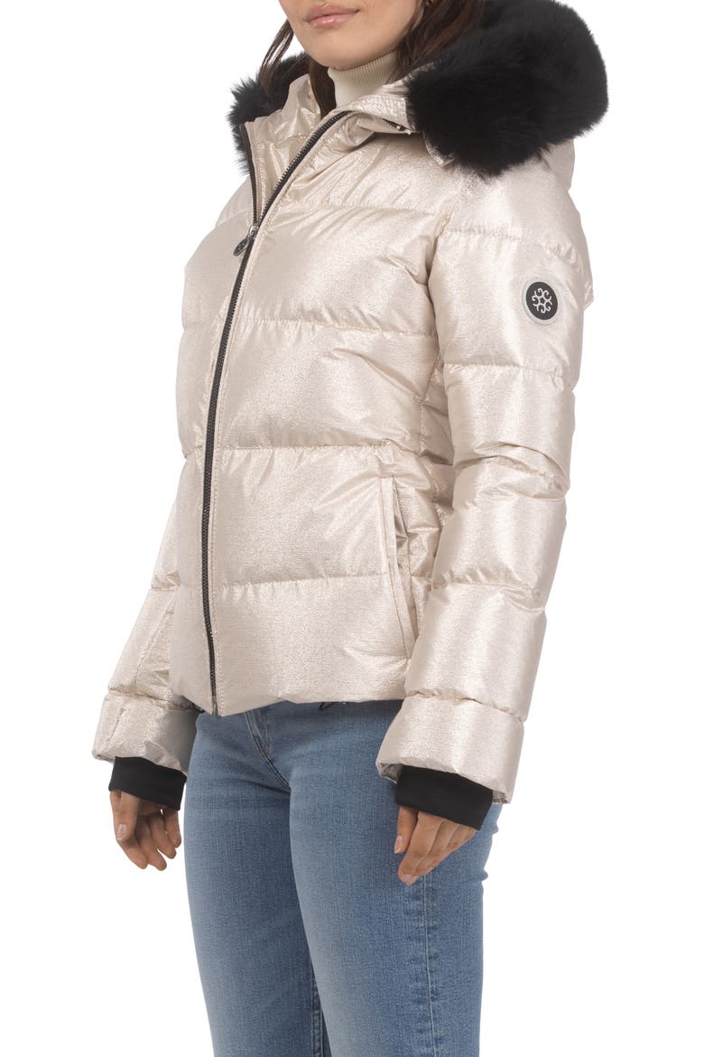 Apres-Ski Short Bomber Jacket with Detachable Genuine Shearling Hood Trim, Alternate, color, GOLD/BLACK