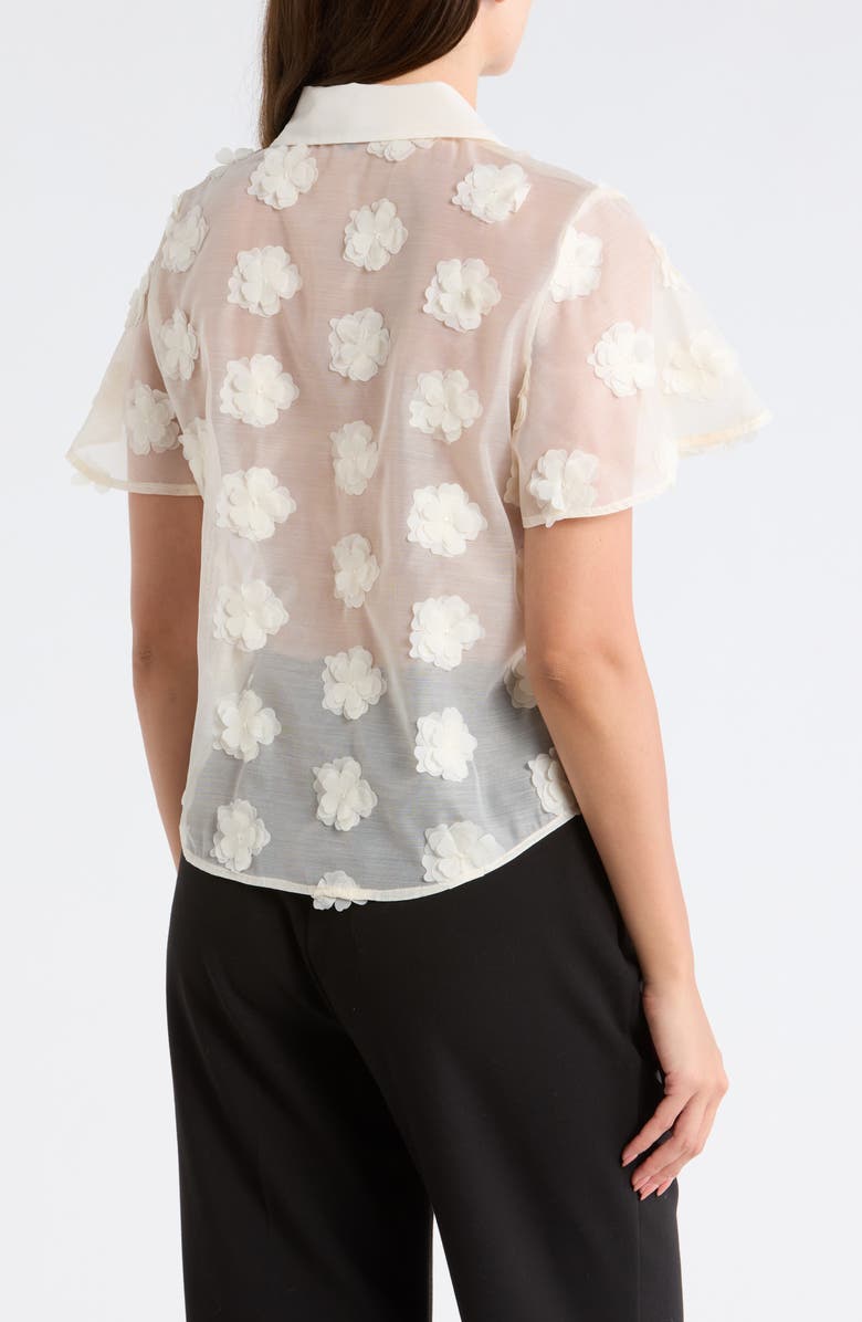Adrianna Papell Floral Appliqué Short Sleeve Button-Up Top, Alternate, color, Cream Frosting