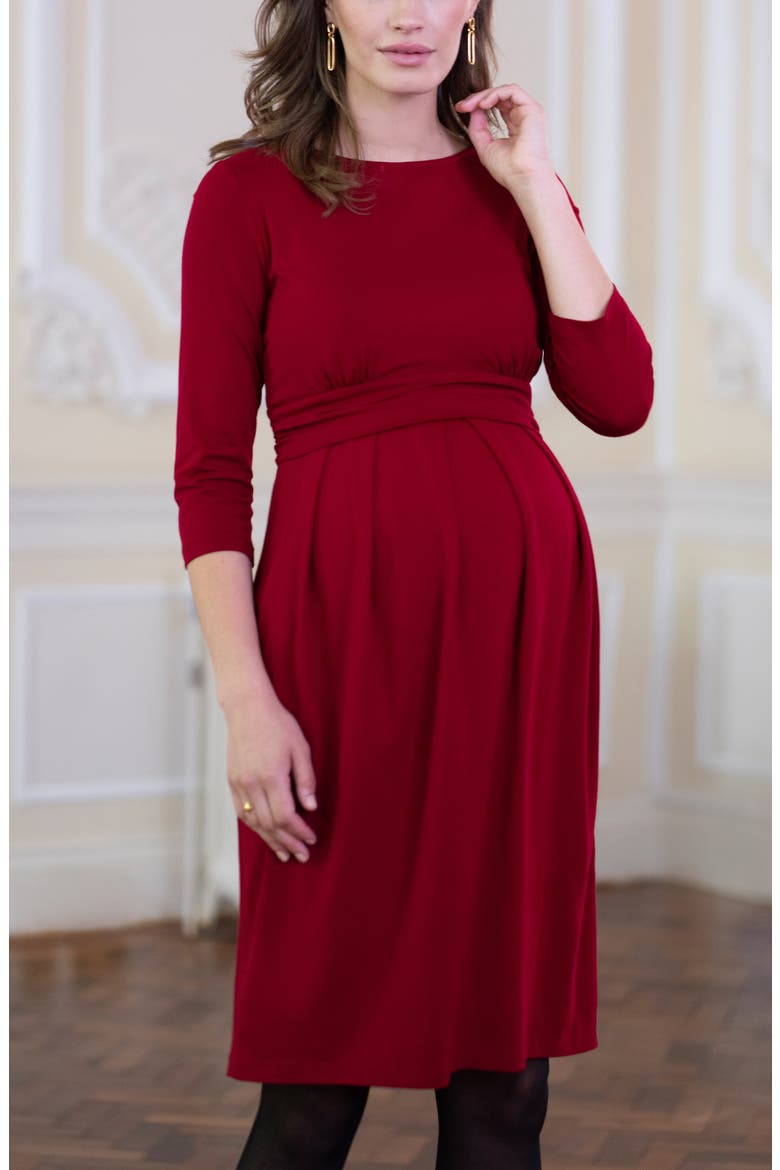 Pleated Waist Maternity/Nursing Dress, Alternate, color, DARK RED