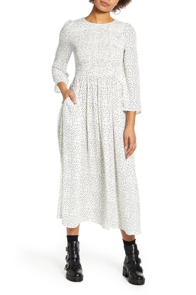 Polka Dot Smocked Bodice Midi Dress, Main, color, WHITE BLACK DOT