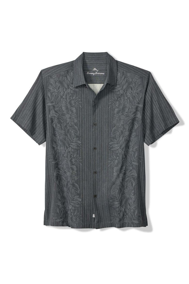 Maui Border Silk Short Sleeve Button-Up Shirt, Main, color, TURBULENCE