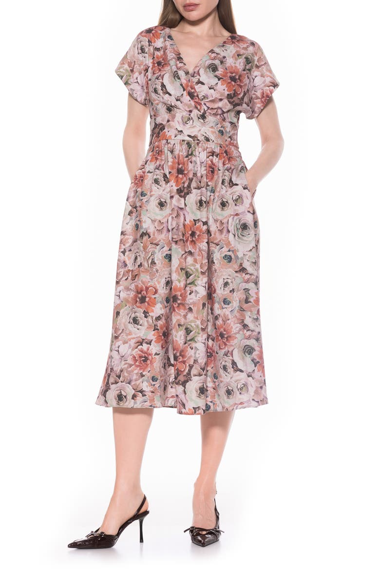 Ava Short Sleeve Fit & Flare Midi Dress, Main, color, BROWN FLORAL