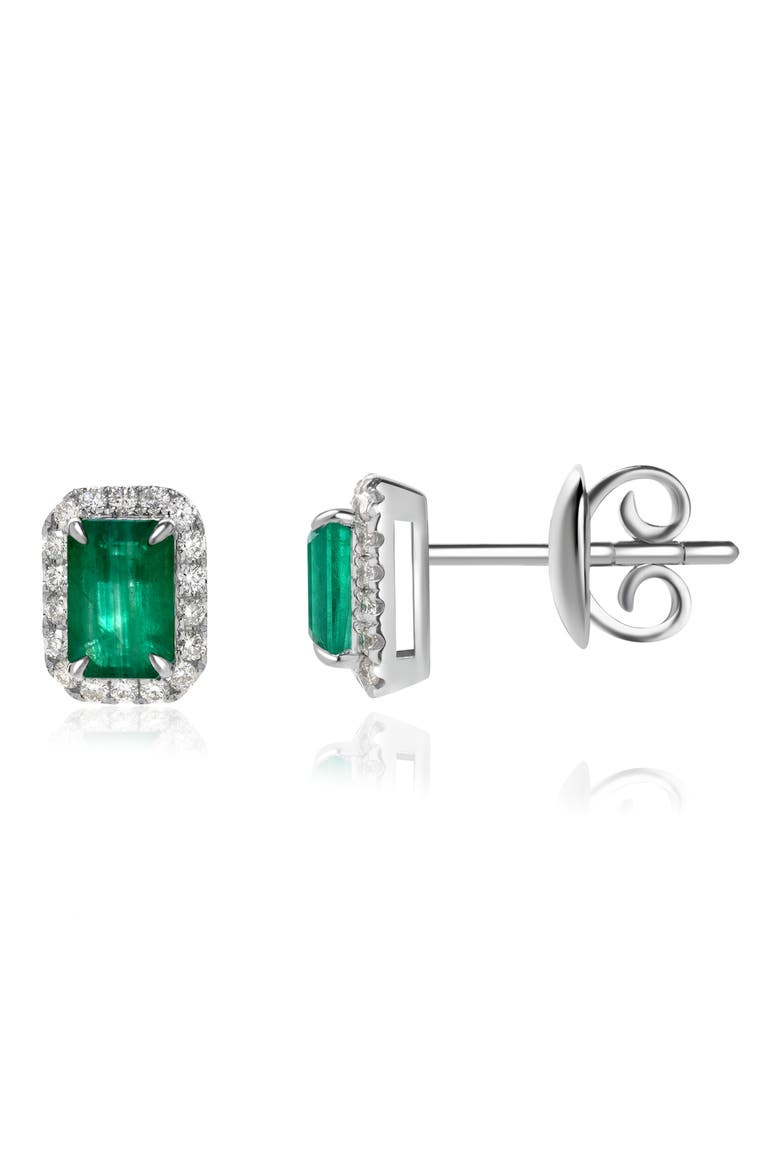 Emerald & Diamond Halo Stud Earrings, Main, color, 14K WHITE GOLD