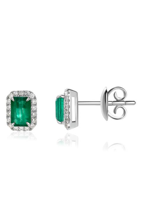 Emerald & Diamond Halo Stud Earrings