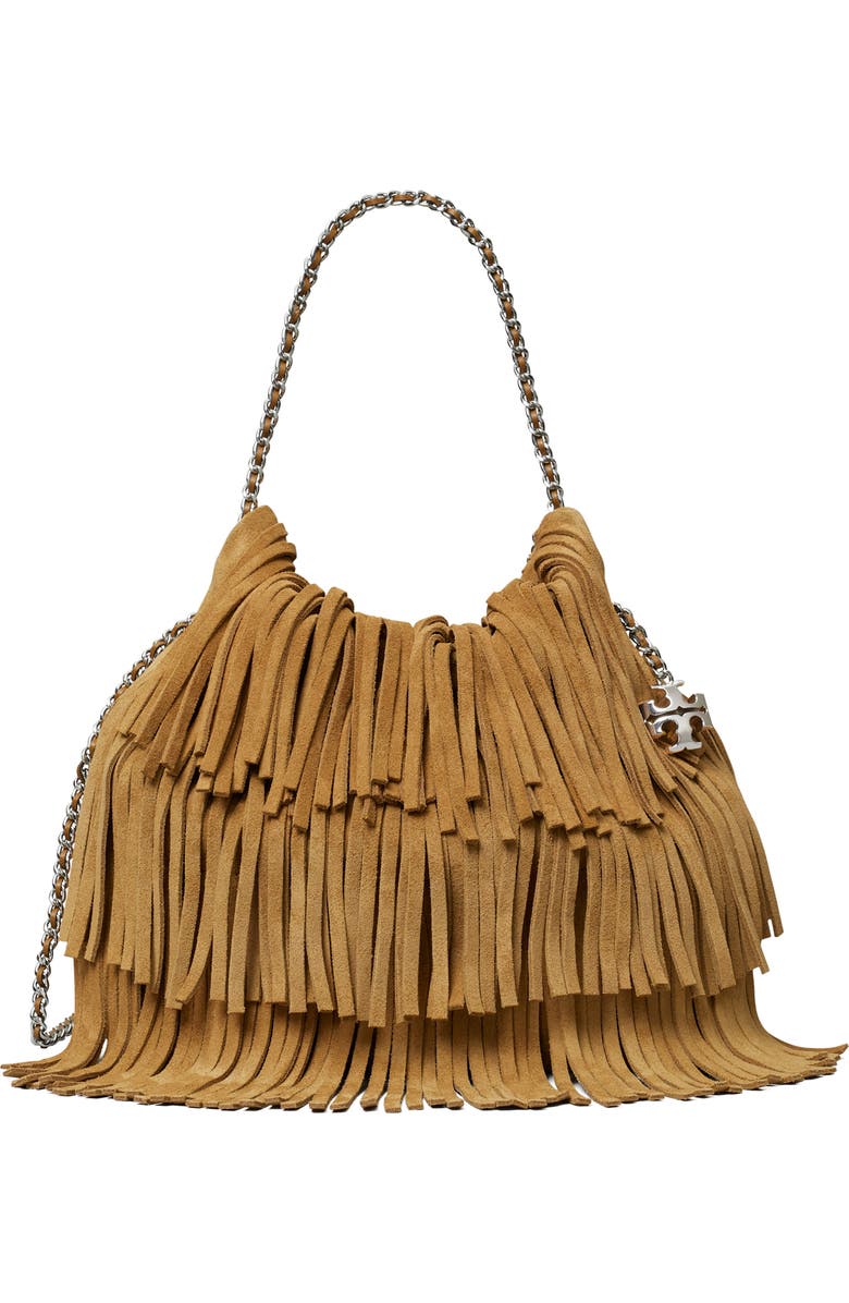 Tory Burch Mini Fleming Suede Fringe Hobo Bag, Main, color, Wild Tabacco