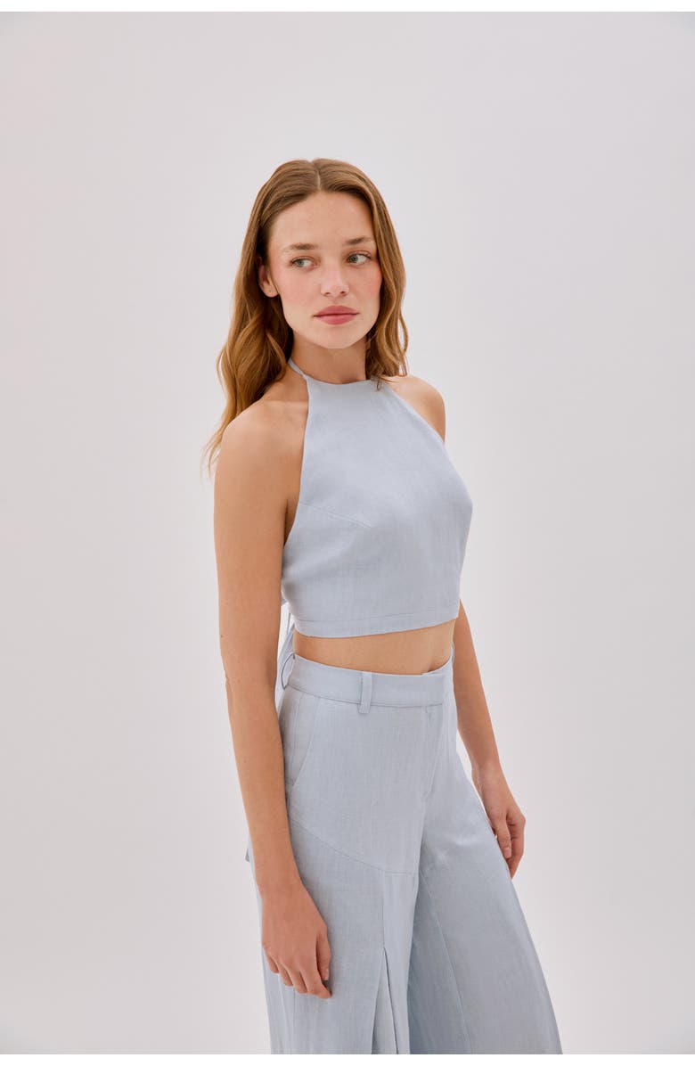 Labeca London Polly Dusty Linen Backless Crop Top, Main, color, Blue