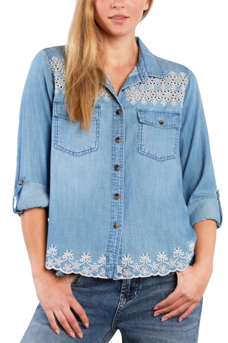 Eyelet Butterfly Button-Up Shirt, Main, color, WASHED DENIM