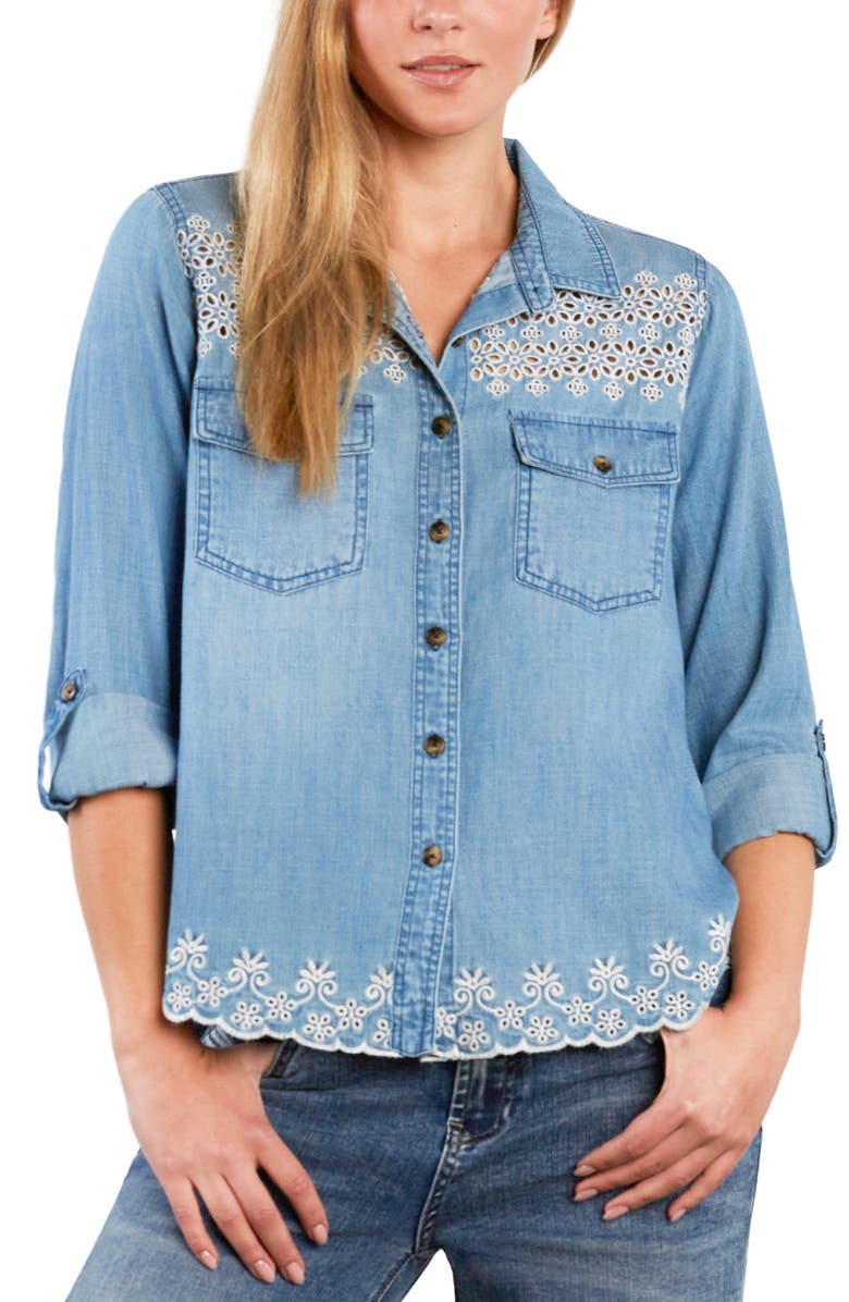 Billy T Eyelet Butterfly Button-Up Shirt, Main, color, Washed Denim
