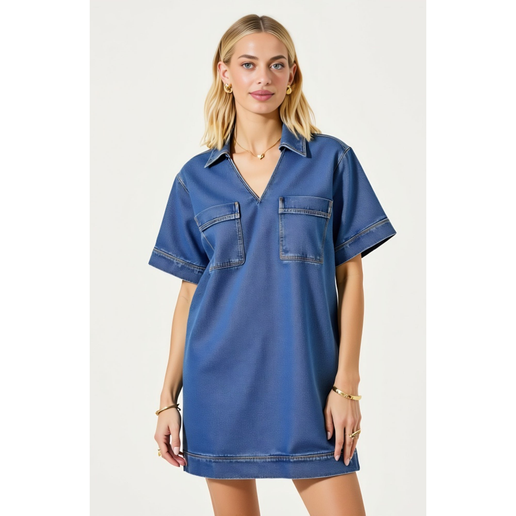 Modenaire Denim Mini Shirt Dress With Short Sleeves And Chest Patch Pockets In Blue
