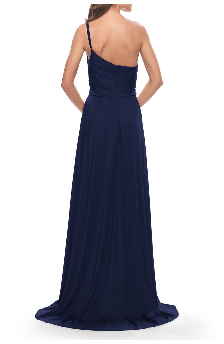 La Femme Chic One Shoulder Long Jersey Gown with Defined Waist, Alternate, color, Navy