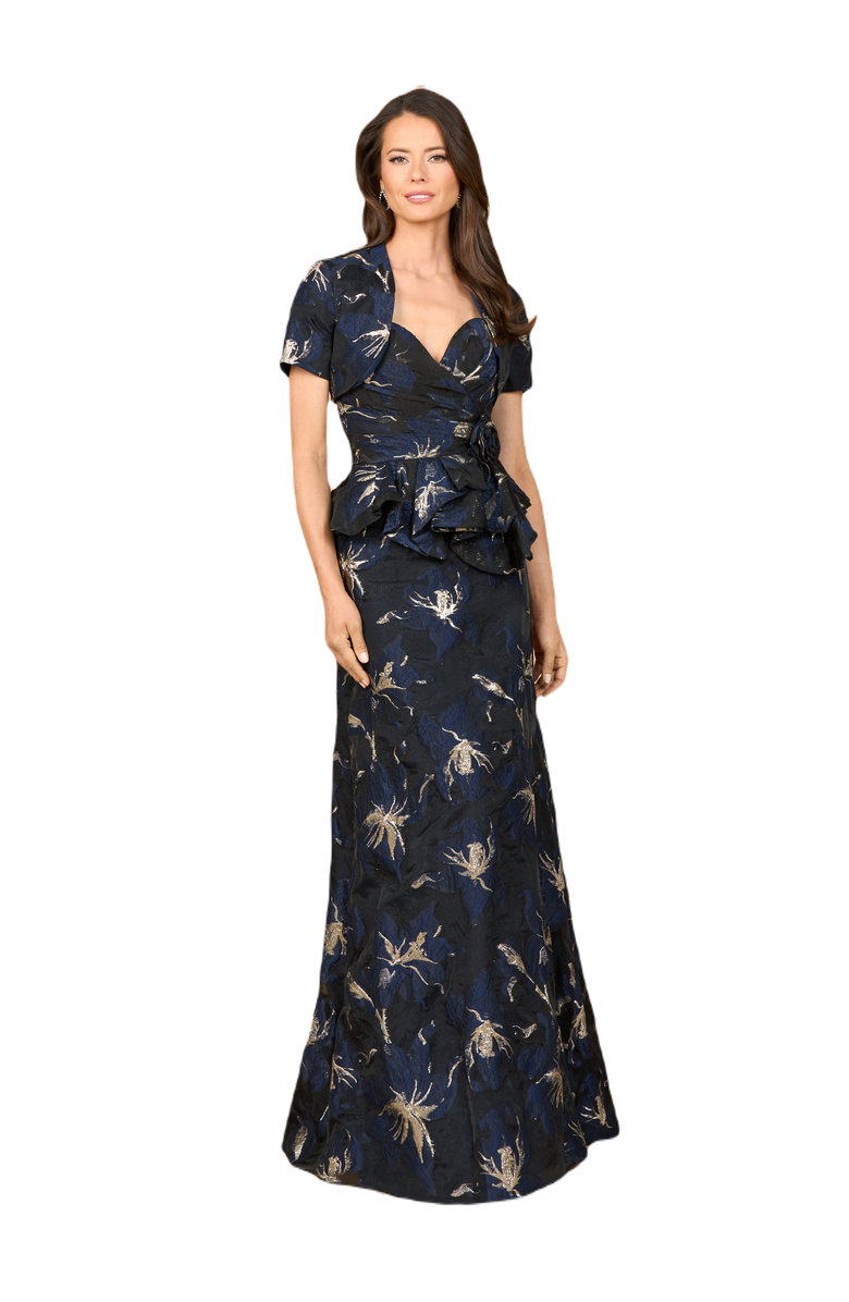 LARA New York Strapless Brocade Gown with Bolero, Main, color, Navy