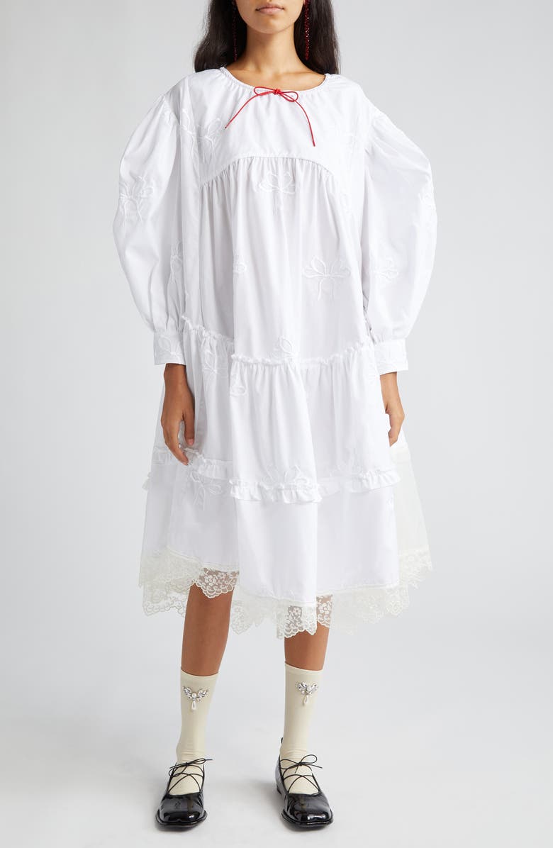 Simone Rocha Asymmetric Floral Embroidered Bow Detail Cotton Babydoll Midi Dress, Main, color, 