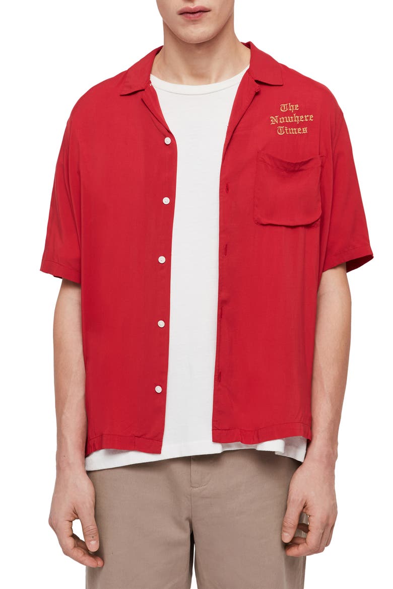 The Nowhere Times Slim Fit Camp Shirt, Main, color, FLASH RED