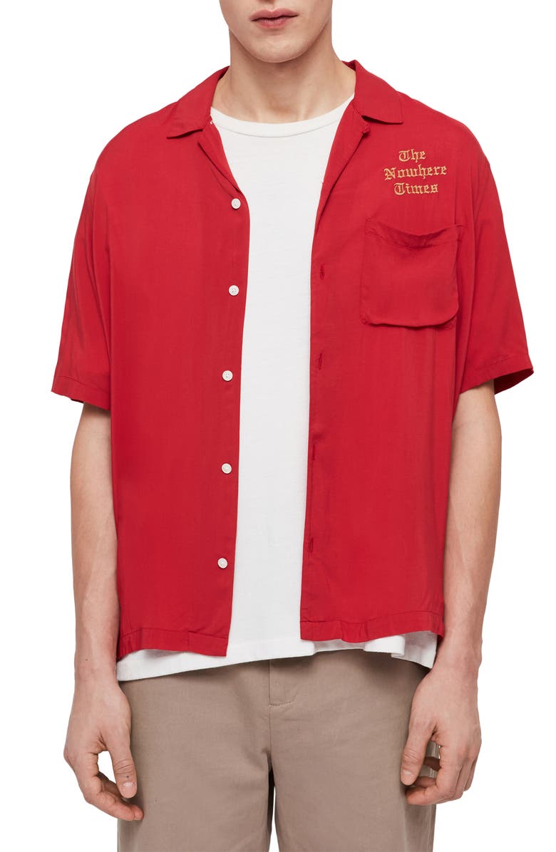 AllSaints The Nowhere Times Slim Fit Camp Shirt, Main, color, 