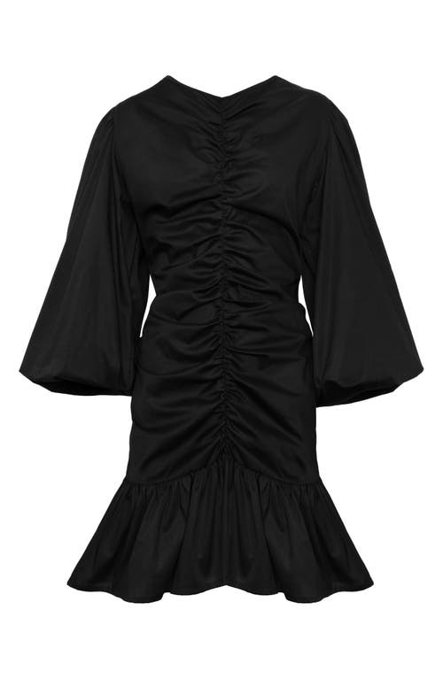 The Lulo Project Fuego Ruched Balloon Sleeve Stretch Cotton Fit & Flare Dress In Black