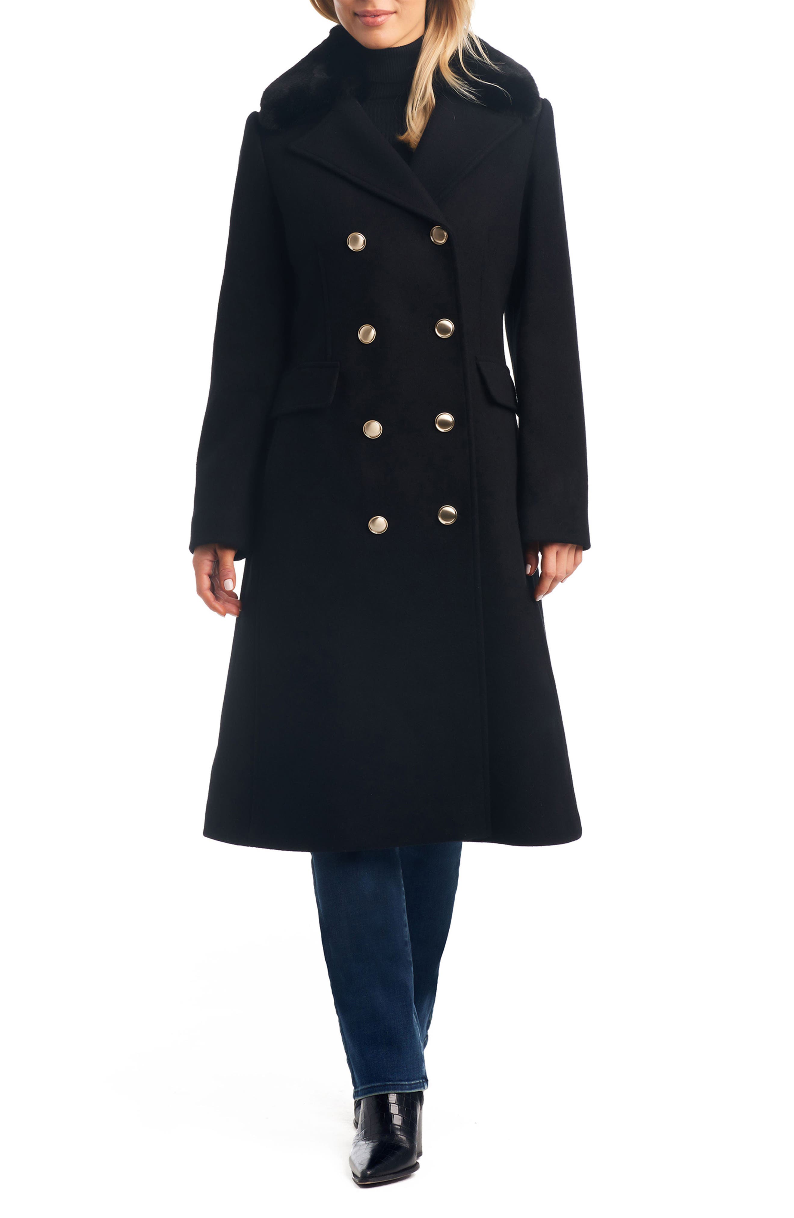 Vince Camuto Double Breasted Wool Blend Coat with Removable Faux Fur Collar