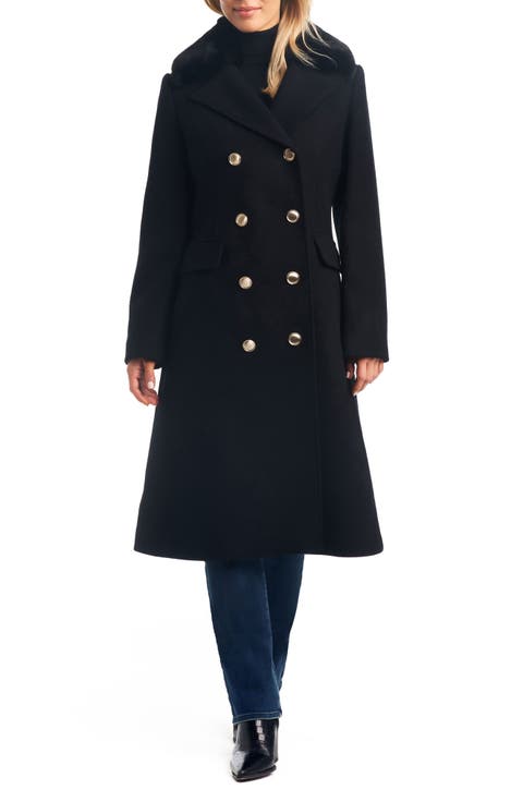 Double Breasted Wool Blend Coat with Removable Faux Fur Collar