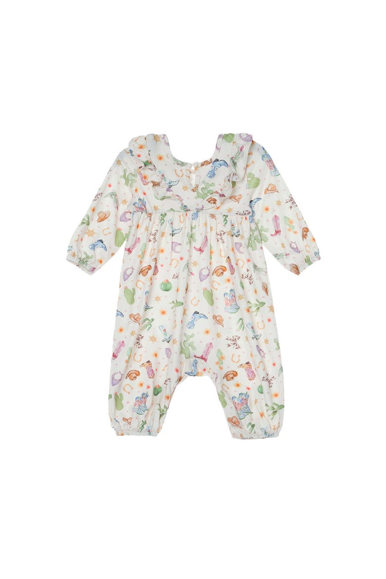Cactus Kisses Long Sleeve Print Ruffle Neck Bubble Romper, Alternate, color, Blue