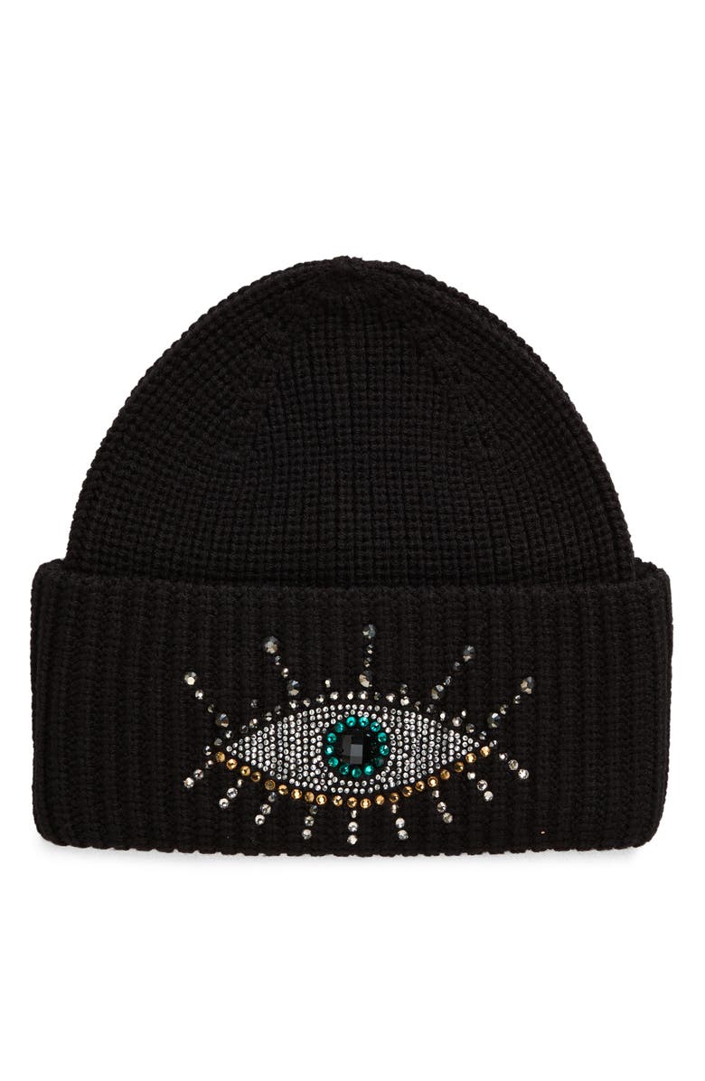 Kurt Geiger London Embellished Evil Eye Beanie, Main, color, Black