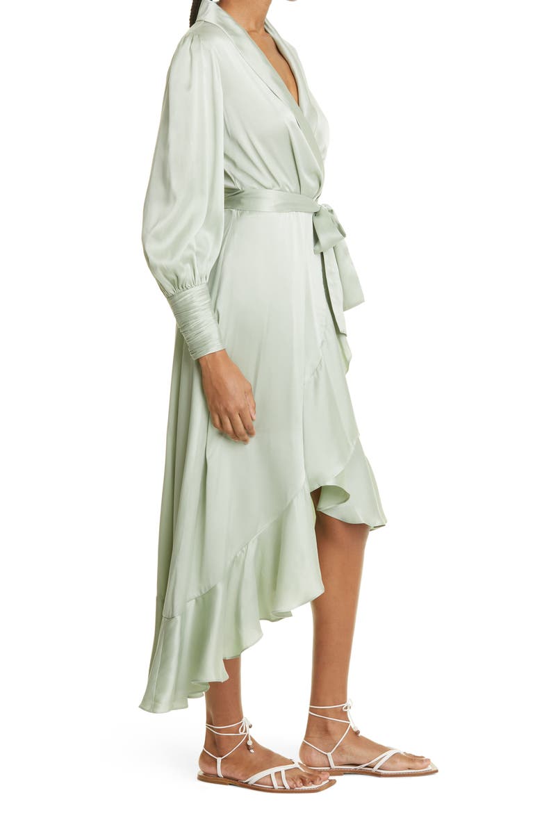 Dancer Asymmetric Ruffle Silk Midi Wrap Dress, Alternate, color, SAGE
