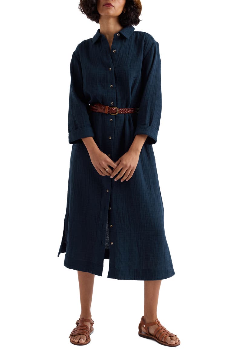 Whitsand Cove Long Sleeve Organic Cotton Gauze Shirtdress, Main, color, MARITIME