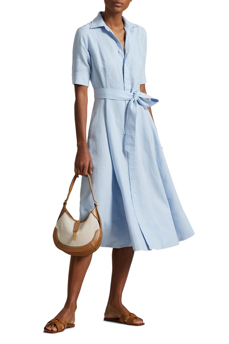 Belted A-Line Linen Shirtdress, Main, color, COLD SPRING