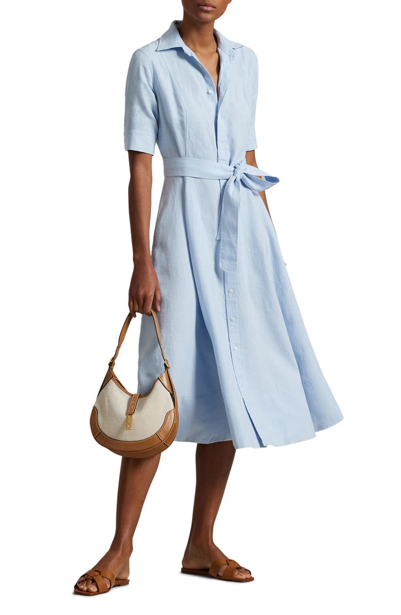 Polo Ralph Lauren Belted A-Line Linen Shirtdress, Main, color, Cold Spring