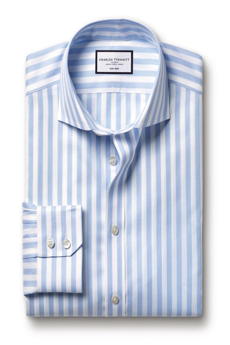 Wide Stripe Non-Iron Twill Cutaway Slim Fit Shirt Single Cuff, Alternate, color, Sky Blue