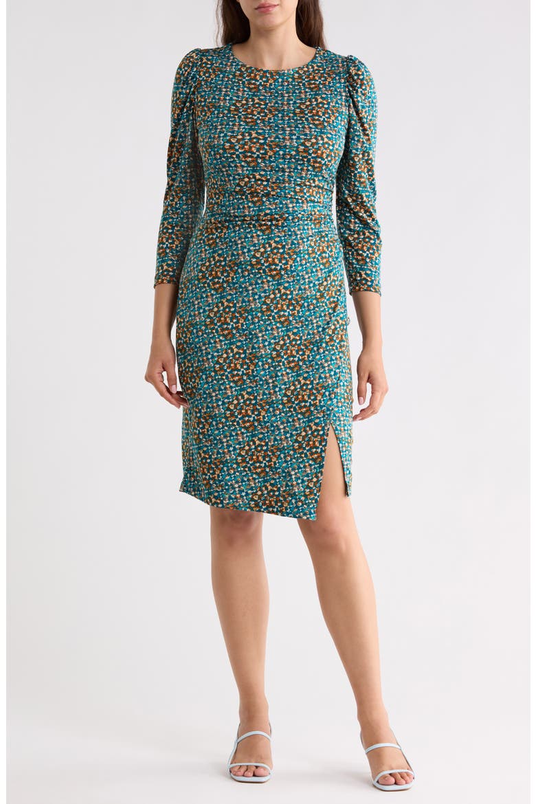 Tile Print Three-Quarter Sleeve Dress, Main, color, TEAL