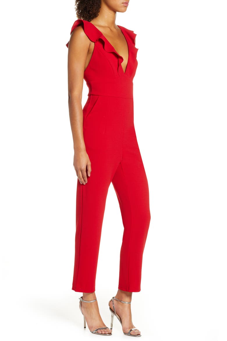 Leilani Ruffle Trim Jumpsuit, Alternate, color, RED