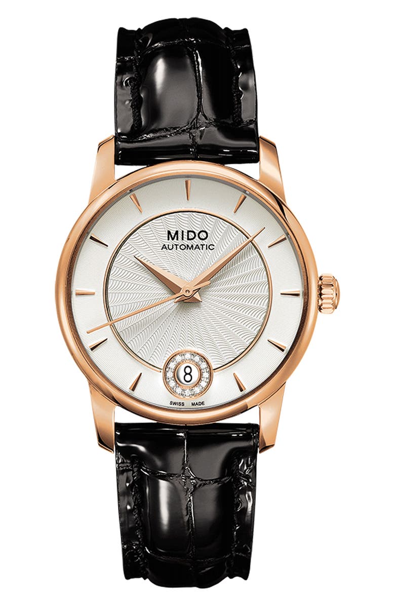 MIDO Baroncelli Diamond Automatic Leather Strap Watch, 33mm, Main, color, Silver/ Black
