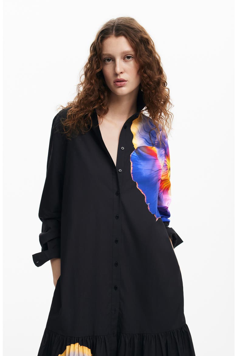 Pensamiento Floral Print Long Sleeve Shirtdress, Alternate, color, BLACK