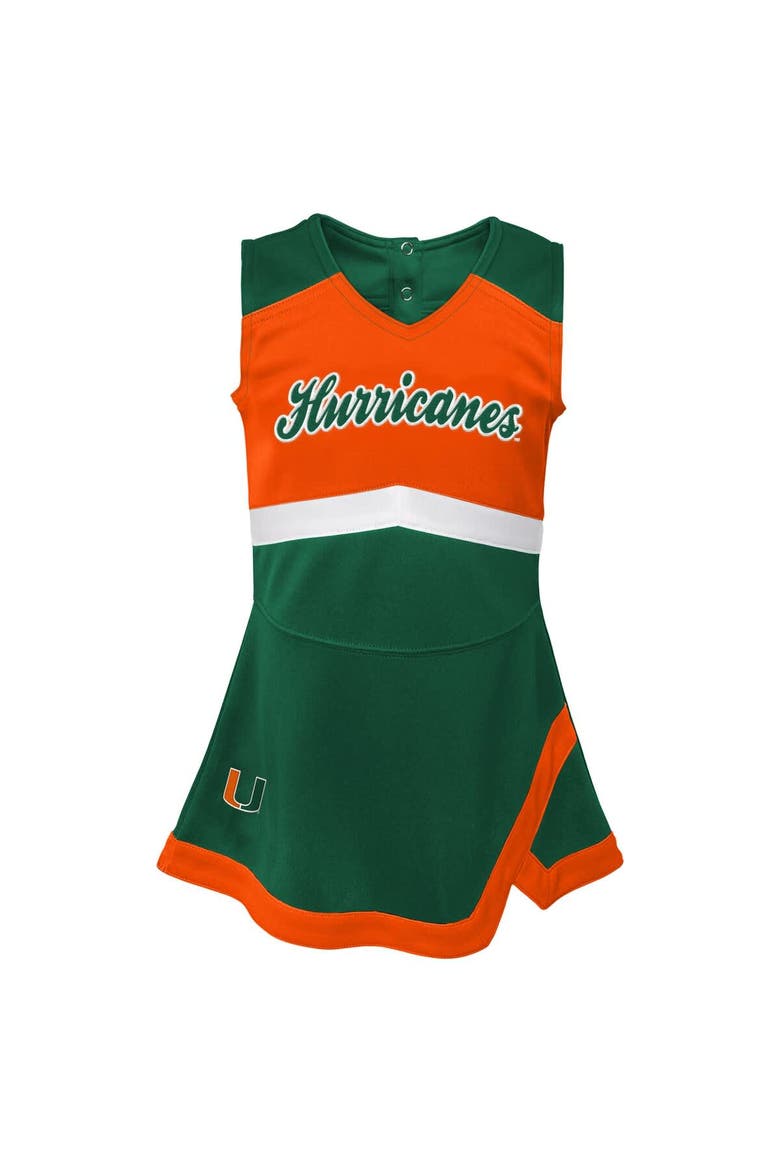 Girls Toddler Green Miami Hurricanes Cheer Captain Dress & Bloomers Two-Piece Set, Alternate, color, Green