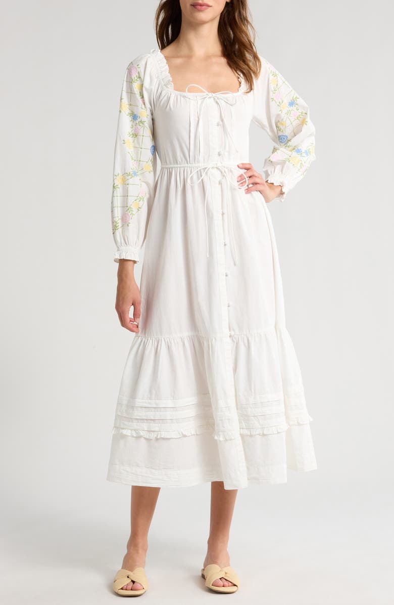 Damson Madder Junia Embroidered Long Sleeve Organic Cotton Midi Dress, Main, color, White