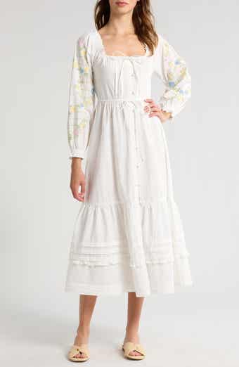 Damson Madder Junia Embroidered Long Sleeve Organic Cotton Midi Dress