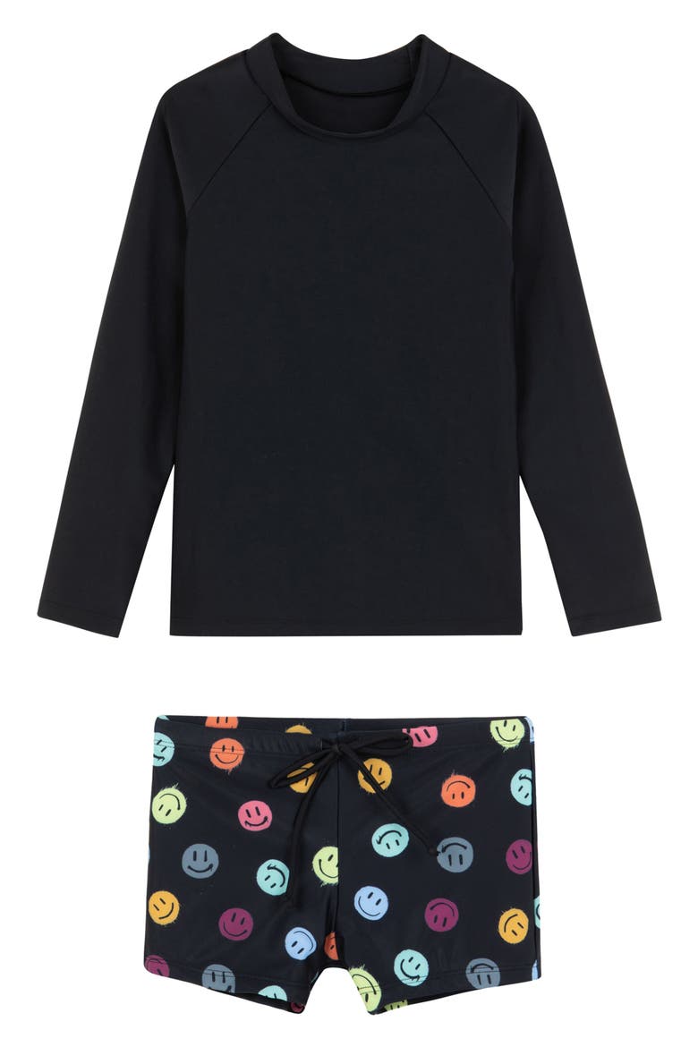 Little Gents Long Sleeve Swim Short Set, Main, color, Black